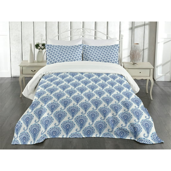 Ambesonne Ethnic Quilted Bedspread Set 3 Pcs, Oriental Paisley Raindrops, King Size, Turquoise Navy Blue