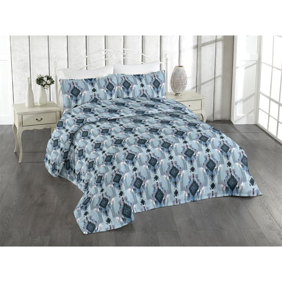 Ambesonne Ethnic Quilted Bedspread Set 3 Pcs, Oriental Rhombus Motifs Art, King, Seafoam Purpleblue
