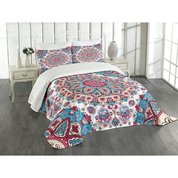 Ambesonne Ethnic Quilted Bedspread Set 3 Pcs, Oriental Style Floral Retro, Queen Size, Turquoise Pale Pink