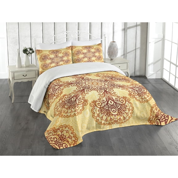 Ambesonne Ethnic Quilted Bedspread Set 3 Pcs, Oriental Vintage Ornaments, Queen Size, Dark Orange Apricot