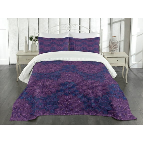Ambesonne Ethnic Quilted Bedspread Set 3 Pcs, Paisley Flower, Queen Size, Dark Blue Purple