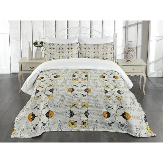 Ambesonne Ethnic Quilted Bedspread Set 3 Pcs, Paisley Flowers, Queen Size, Pale Grey Marigold