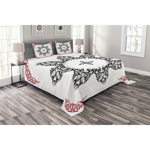 Ambesonne Ethnic Quilted Bedspread Set 3 Pcs, Tattoo Circular Vector, King Size, Black White and Ruby