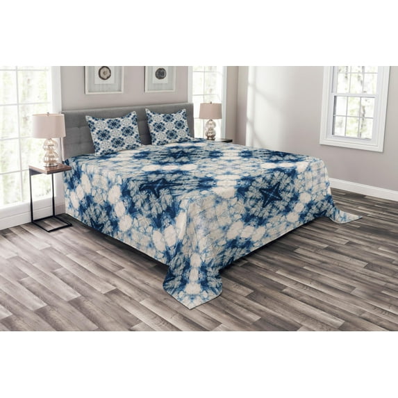 Ambesonne Ethnic Quilted Bedspread Set 3 Pcs, Tie Dye Effect Bohemian, Queen Size, Blue Grey