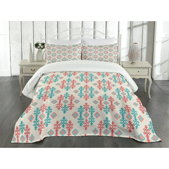 Ambesonne Ethnic Quilted Bedspread Set 3 Pcs, Traditional Local, Queen Size, Coral Turquoise White