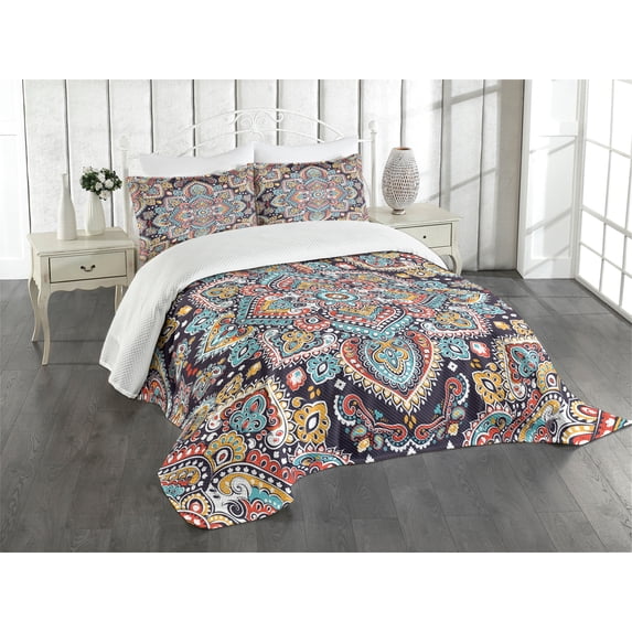 Ambesonne Ethnic Quilted Bedspread Set 3 Pcs, Vintage Boho Art, Queen Size, Multicolor
