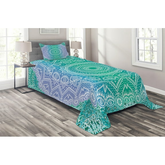 Ambesonne Ethnic Quilted Coverlet 2 Pcs, Mandala Geometric, Twin Size, Purple Green