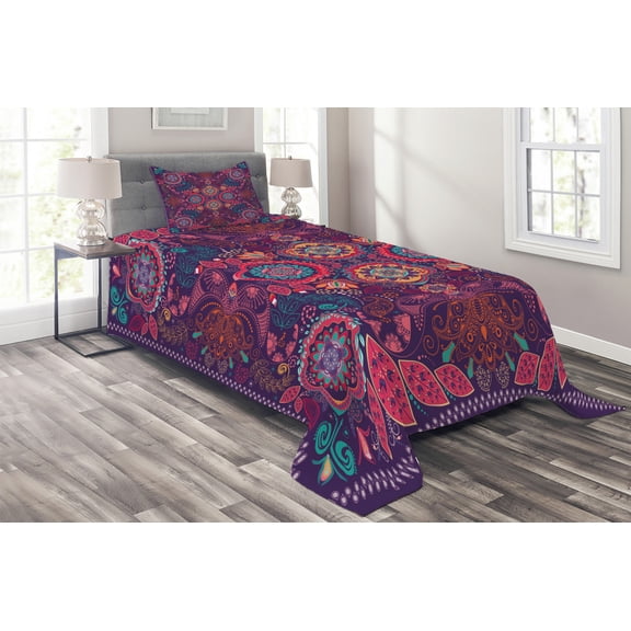 Ambesonne Ethnic Quilted Coverlet 2 Pcs, Modern Paisley Dot Leaf, Twin Size, Multicolor