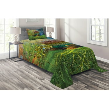 Ambesonne Ethnic Quilted Coverlet 2 Pcs, Mother Earth Theme, Twin Size, Green Blue