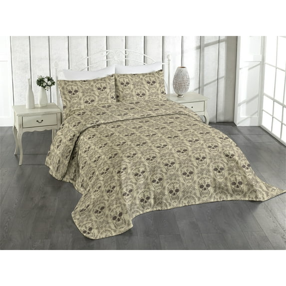 Ambesonne Ethnic Quilted Coverlet 3 Pcs, American Traditional Skull, Queen Size, Pale Sepia and Dark Rosewood
