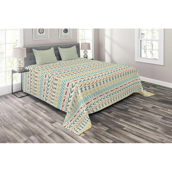 Ambesonne Ethnic Quilted Coverlet 3 Pcs, Boho Striped Motif Art, King Size, Multicolor