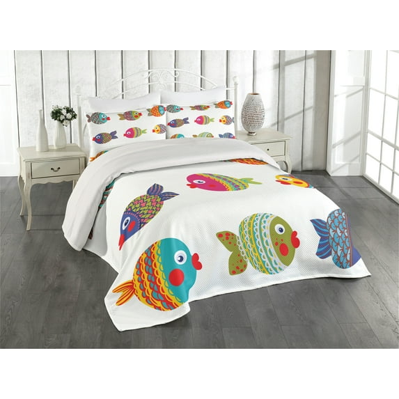 Ambesonne Ethnic Quilted Coverlet 3 Pcs, Cartoon Fish, Queen Size, Multicolor