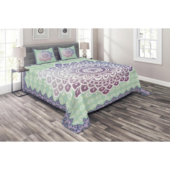 Ambesonne Ethnic Quilted Coverlet 3 Pcs, Floral Petal Form Nature, King Size, Lilac and Mint