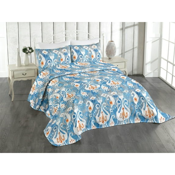 Ambesonne Ethnic Quilted Coverlet 3 Pcs, Folk Art Ikat Pattern Floral, Queen Size, Sky Blue Orange and White