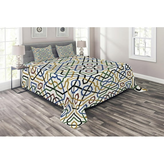 Ambesonne Ethnic Quilted Coverlet 3 Pcs, Marrakesh Motif, Queen Size, Multicolor