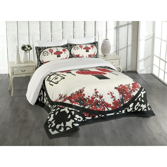 Ambesonne Ethnic Quilted Coverlet 3 Pcs, Ornate Folkloric Graphic, King Size, Beige Black Red