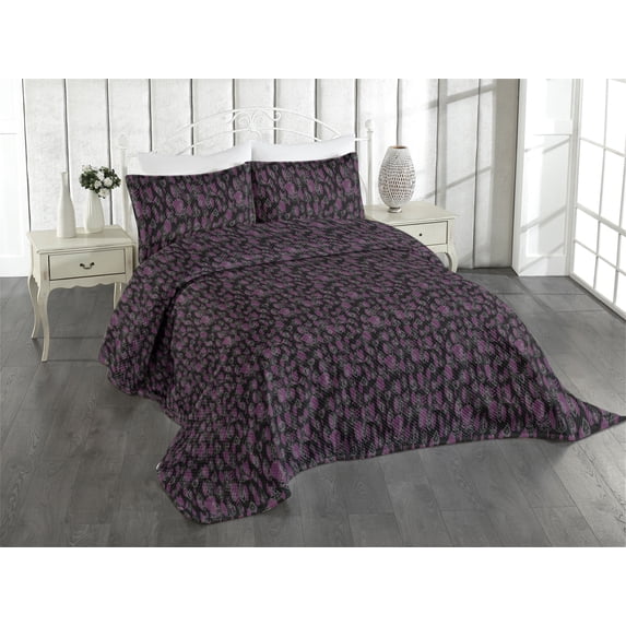 Ambesonne Ethnic Quilted Coverlet 3 Pcs, Tribal Symbols Motives Boho, Queen Size, Charcoal Grey and Purple