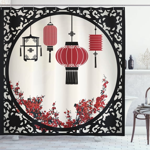 Ambesonne Ethnic Shower Curtain, Ornate Folkloric Graphic, 69"Wx84"L, Beige Black Red