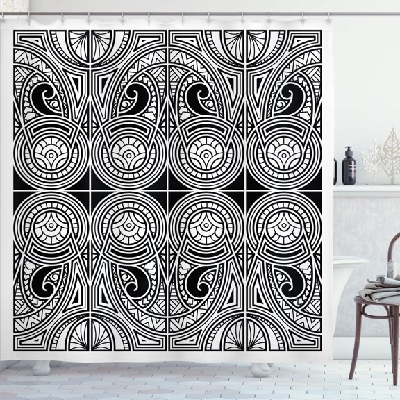 Ambesonne Ethnic Shower Curtain, Polynesian Tribal Pattern, 69"Wx84"L, Charcoal Grey and White