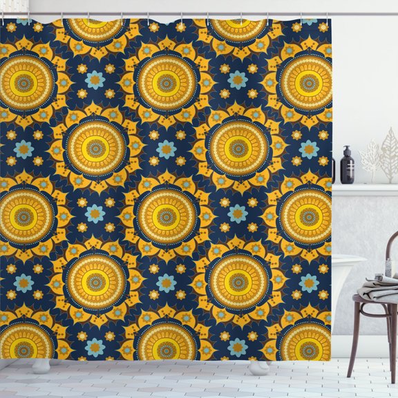 Ambesonne Ethnic Shower Curtain, Sun Symbol Motifs Graphic, 69"Wx70"L, Marigold Dark Violet Blue