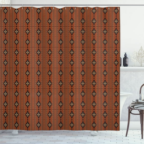 Ambesonne Ethnic Shower Curtain, Vertical Tribal Ornament Art, 69"Wx84"L, Redwood and Dark Brown