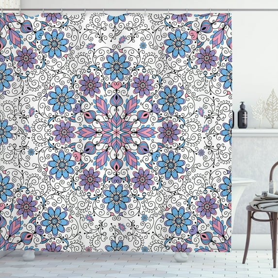 Ambesonne Ethnic Shower Curtain, Vintage Abstract Flower Art, 69"Wx70"L, Deep Sky