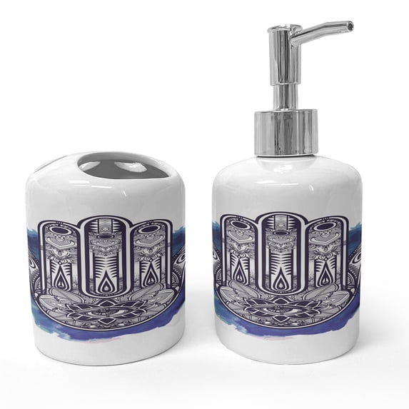 Ambesonne Ethnic Soap Dispenser & Toothbrush Holder Set, Culture Motif Creative Art, 2 Pcs, Dark Purple Blue