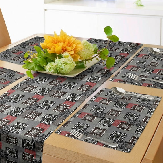 Ambesonne Ethnic Table Runner & Placemats, Aztec Ornament Lace, Placemat 4 pcs + Runner 14"x72", Grey Vermilion Brown