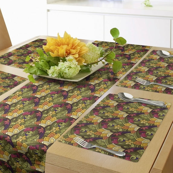 Ambesonne Ethnic Table Runner & Placemats, Bohemian Oriental Herb, Placemat 4 pcs + Runner 16"x90", Olive Green Purple Pink