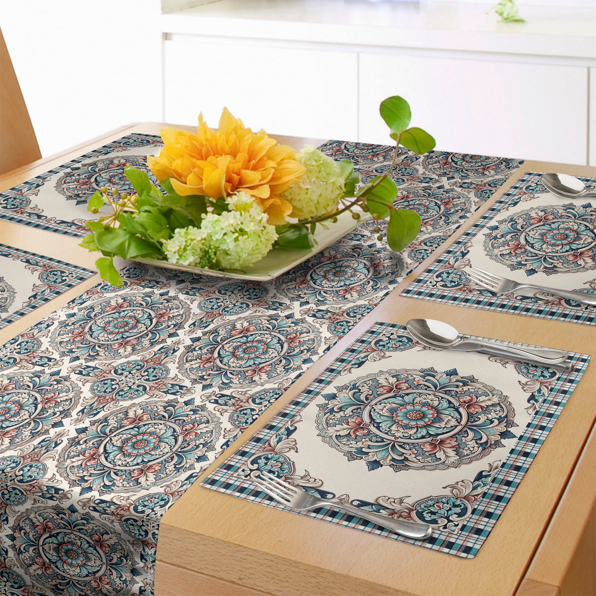 Seafoam Ivory Ruby Ethnic Floral Table Runner and Placemats Set