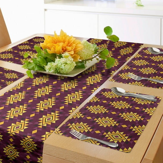 Ambesonne Ethnic Table Runner & Placemats, Folk Culture Geometric Art, Placemat 4 pcs + Runner 12"x72", Maroon and Earth Yellow
