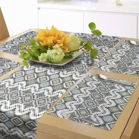 Ambesonne Ethnic Table Runner & Placemats, Geometric Art, Placemat 4 pcs + Runner 16"x90", Sage Green Seafoam