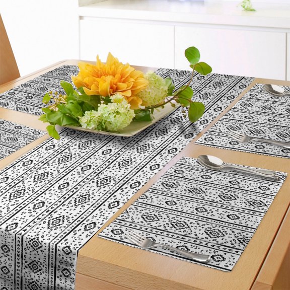 Ambesonne Ethnic Table Runner & Placemats, Grunge Aztec Pattern, Placemat 4 pcs + Runner 12"x72", Black and White