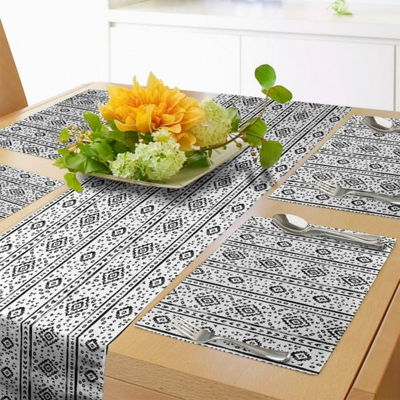 Ambesonne Ethnic Table Runner & Placemats, Grunge Aztec Pattern, Placemat 4 pcs + Runner 16"x72", Black and White