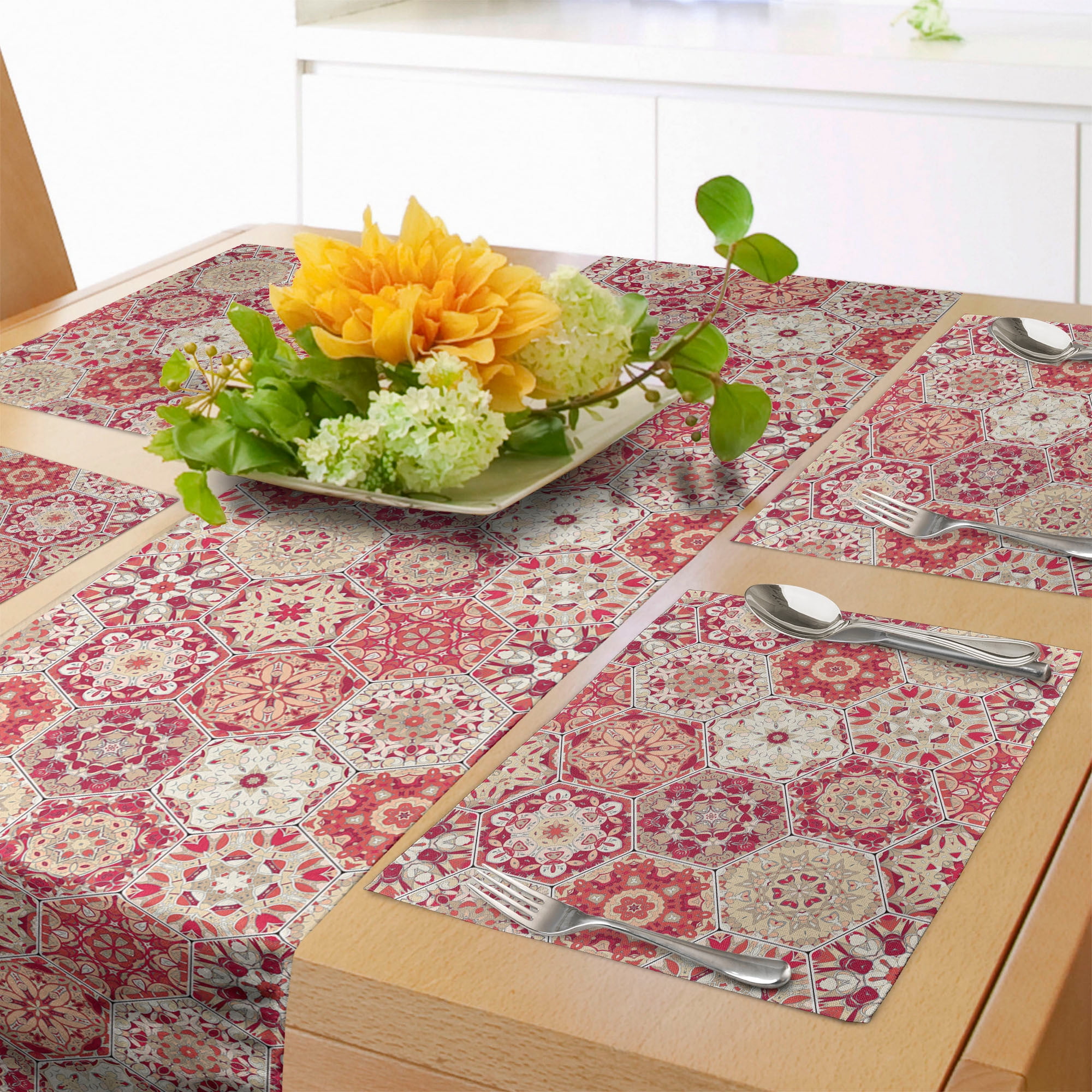 Ambesonne Ethnic Table Runner & Placemats, Hexagonal Moroccan Boho Art, Placemat 4 pcs + Runner