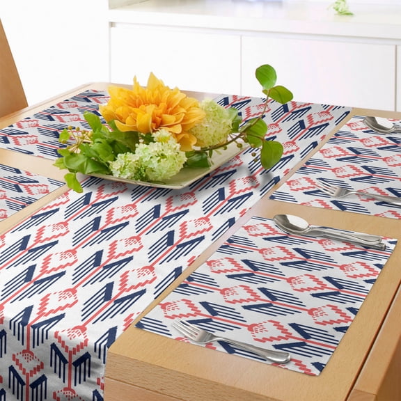 Ambesonne Ethnic Table Runner & Placemats, Ikat Inspired Stripes Motifs, Placemat 4 pcs + Runner 16"x72", Night Blue Dark Coral