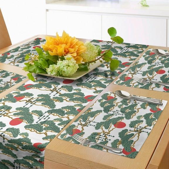 Ambesonne Ethnic Table Runner & Placemats, Japanese Pattern Sun, Placemat 4 pcs + Runner 12"x90", Army Green and Vermilion