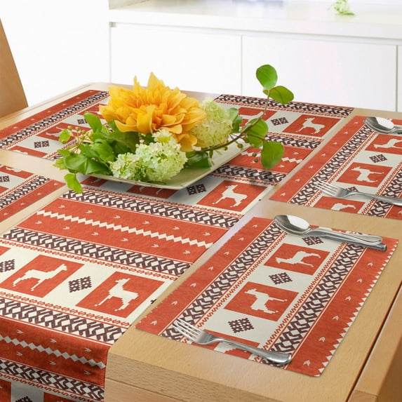 Ambesonne Ethnic Table Runner & Placemats, Llama and Folk Motif Pattern, Placemat 4 pcs + Runner 14"x72", Burnt Sienna Brown