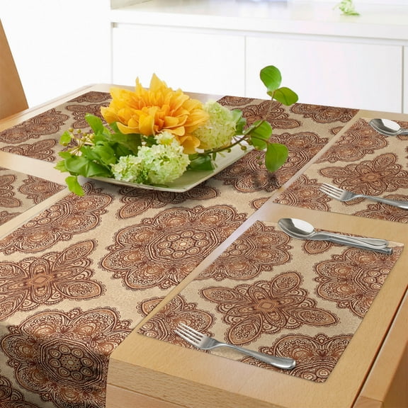 Ambesonne Ethnic Table Runner & Placemats, Mandala Paisley Floral Art, Placemat 4 pcs + Runner 16"x72", Dark Brown Pale Brown