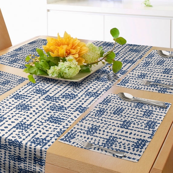 Ambesonne Ethnic Table Runner & Placemats, Messy Waves Triangles, Placemat 4 pcs + Runner 12"x90", Navy Blue and Cream