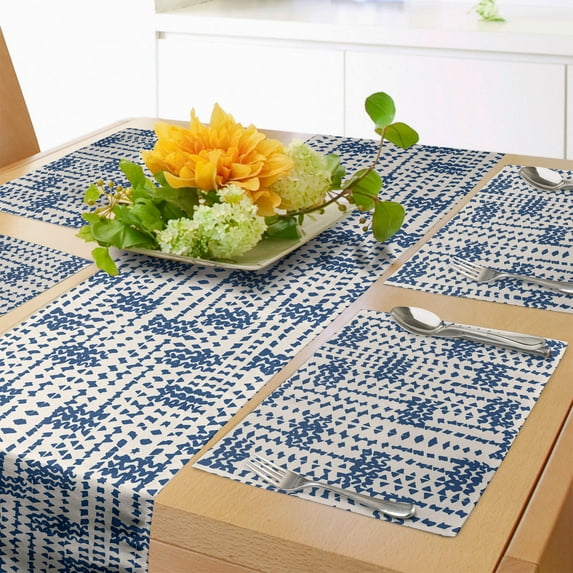 Ambesonne Ethnic Table Runner & Placemats, Messy Waves Triangles, Placemat 4 pcs + Runner 14"x90", Navy Blue and Cream