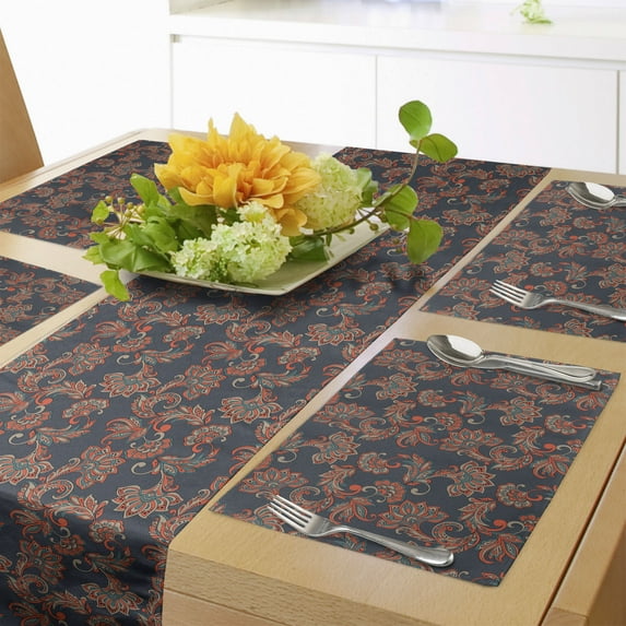 Ambesonne Ethnic Table Runner & Placemats, Oriental Floral Swirl, Placemat 4 pcs + Runner 14"x72", Dark Blue Grey Vermilion