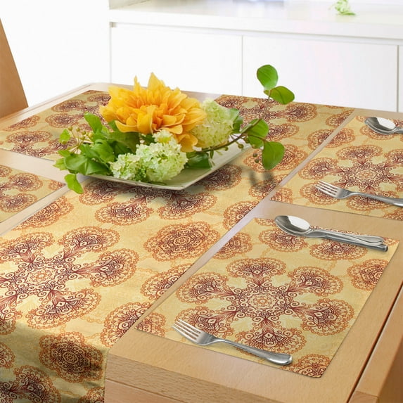 Ambesonne Ethnic Table Runner & Placemats, Oriental Vintage Ornaments, Placemat 4 pcs + Runner 14"x72", Dark Orange Apricot