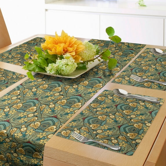 Ambesonne Ethnic Table Runner & Placemats, Ornamental Vintage Layout, Placemat 4 pcs + Runner 14"x72", Laurel Green Mustard