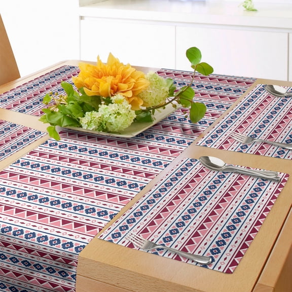 Ambesonne Ethnic Table Runner & Placemats, Pattern Triangles, Placemat 4 pcs + Runner 12"x90", Pale Pink Dark Blue