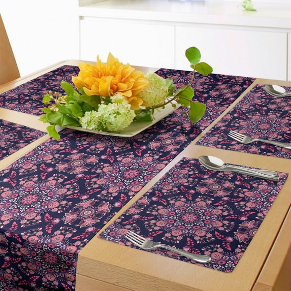 Ambesonne Ethnic Table Runner & Placemats, Spring Blossoms, Placemat 4 pcs + Runner 14"x72", Indigo Pink Pale Pink