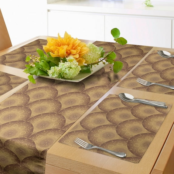Ambesonne Ethnic Table Runner & Placemats, Traditional Oriental Damask, Placemat 4 pcs + Runner 14"x72", Pale Redwood Sand Brown
