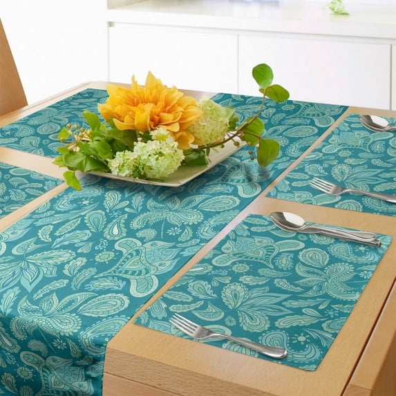 Ambesonne Ethnic Table Runner & Placemats, Vintage Pastel Paisley, Placemat 4 pcs + Runner 16"x72", Turquoise Teal