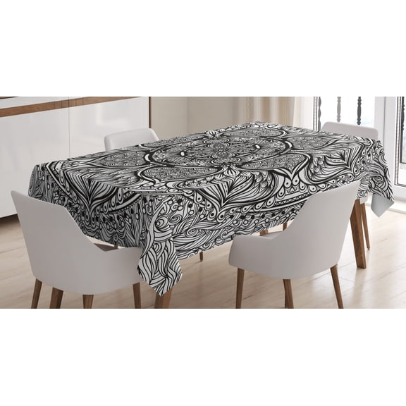 Ambesonne Ethnic Tablecloth Rectangular Table Cover, Mandala Inspired Native, 60"x90", Black and White