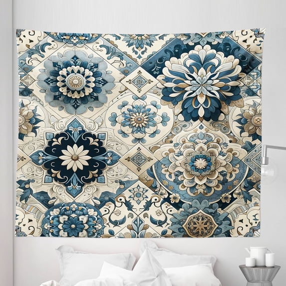 Ambesonne Ethnic Tapestry King Size, Mosaic Look Azulejo Inspired, 104"x88", Off White Cadet Blue